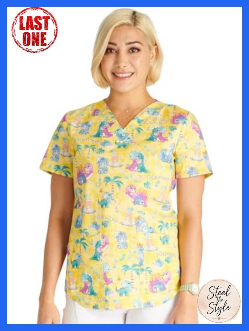 Women Scrubs Top V-Neck Short Sleeve Patch Pockets Pen Slot Medical Workwear